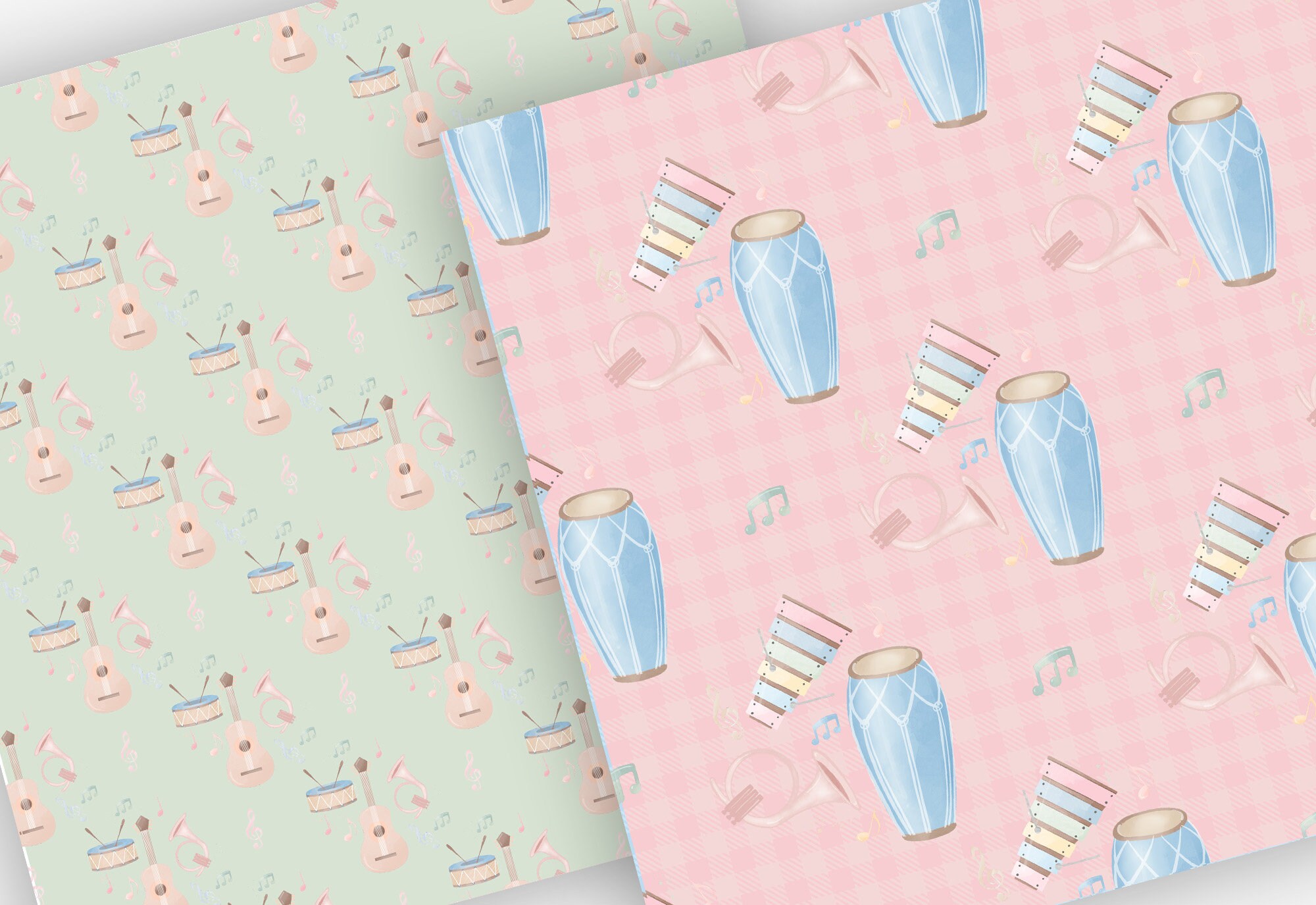 Watercolor Instruments Pastel Color Digital Paper Pack, Guitar, Trumpet ...