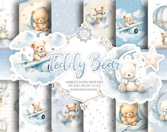 Blue Teddy Bear digital paper pack, Sleepy Teddy Bears, Baby Bear, Cute Watercolor Teddy Bear Bundle, Boy Baby Shower Clipart, Boy Birthday