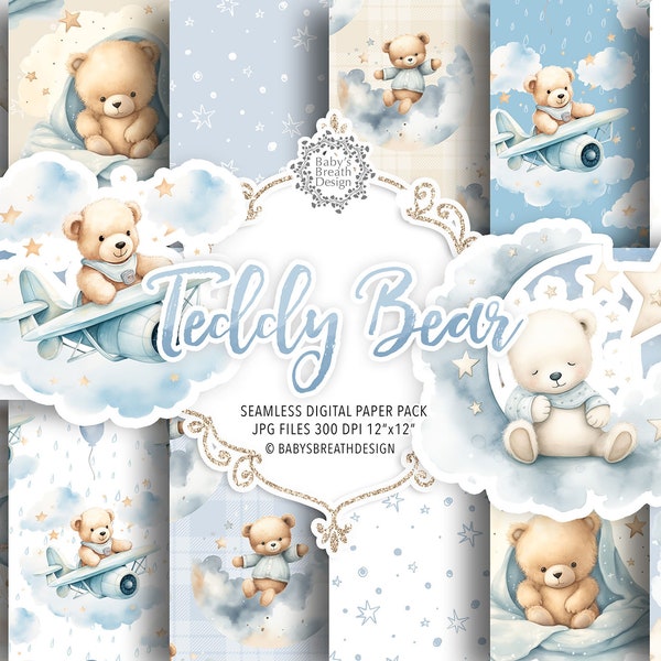 Blue Teddy Bear digital paper pack, Sleepy Teddy Bears, Baby Bear, Cute Watercolor Teddy Bear Bundle, Boy Baby Shower Clipart, Boy Birthday