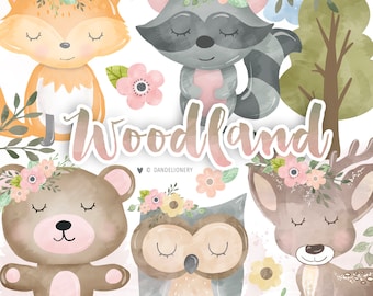 Watercolor Cute Woodland Clipart, Owl, Fox, Raccoon, Bear, Roe,Baby animal clipart, nursery, Small Commercial Use, cute