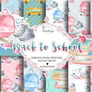 Back to School digital paper pack, school, backpack background, student kids pattern, blackboard, planner, backpack, apple, pencil