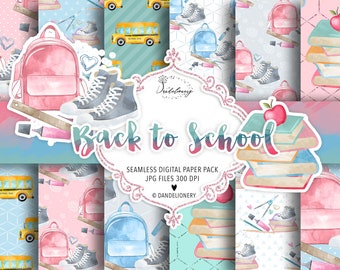 Back to School digital paper pack, school, backpack background, student kids pattern, blackboard, planner, backpack, apple, pencil