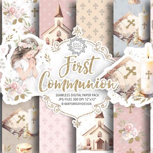 Aquarell Erstkommunion digitales Papier, Aquarell Muster Erstkommunion für Mädchen, Religion, Blumen, Bibel, Rosenkranz, Kreuz, Taube
