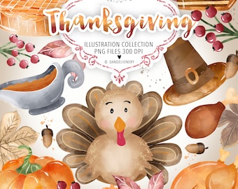 Thanksgiving Hand Drawn Digital Clipart - Set of 17 - Turkey Pilgrim Pumpkin Pie Coffee Cornucopia - Instant Download - Item #9213
