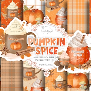 Watercolor Pumpkin Spice digital paper pack, Cute Pumpkin Spice pattern, Pumpkin digital paper, autumn mood, fall mood, autumn leaves