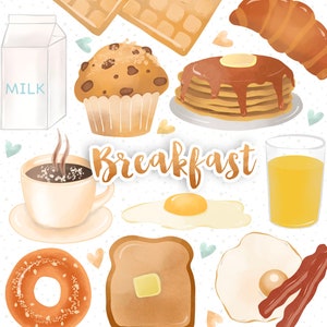 Conception de petit-déjeuner, Clipart de petit-déjeuner, Œufs, Bacon, Crêpes, Café, bagel, jus d’orange