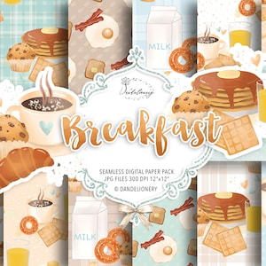 Paquet de papier numérique pour le petit-déjeuner, Modèle de petit-déjeuner, Œufs, Bacon, Crêpes, Café, bagel, jus d’orange, sans couture