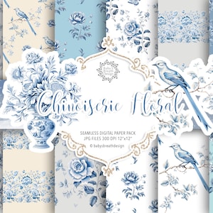Chinoiserie Floral digital paper pack, Chinoiserie Floral pattern, butterfly, Vintage Floral paper, Chinoiserie digital paper