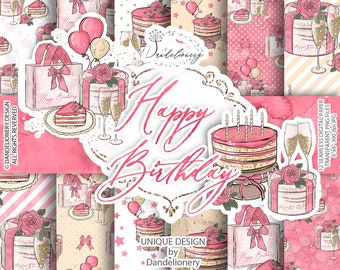 Birthday Girl digital paper pack, Party pattern, Happy Birthday, Hand Painted Birthday background, Gift, Balloons, Birthday Cake