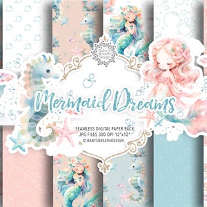 Carta digitale acquerello Sirena Sogni, modello sirena, carta digitale oceanica, modello ragazza carina, Baby shower, pesciolino, animali oceanici