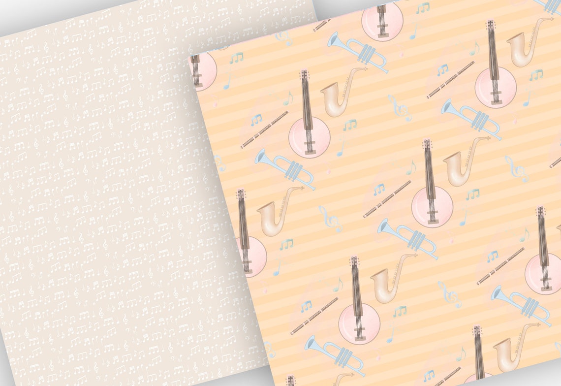 Watercolor Instruments Pastel Color Digital Paper Pack, Guitar, Trumpet ...
