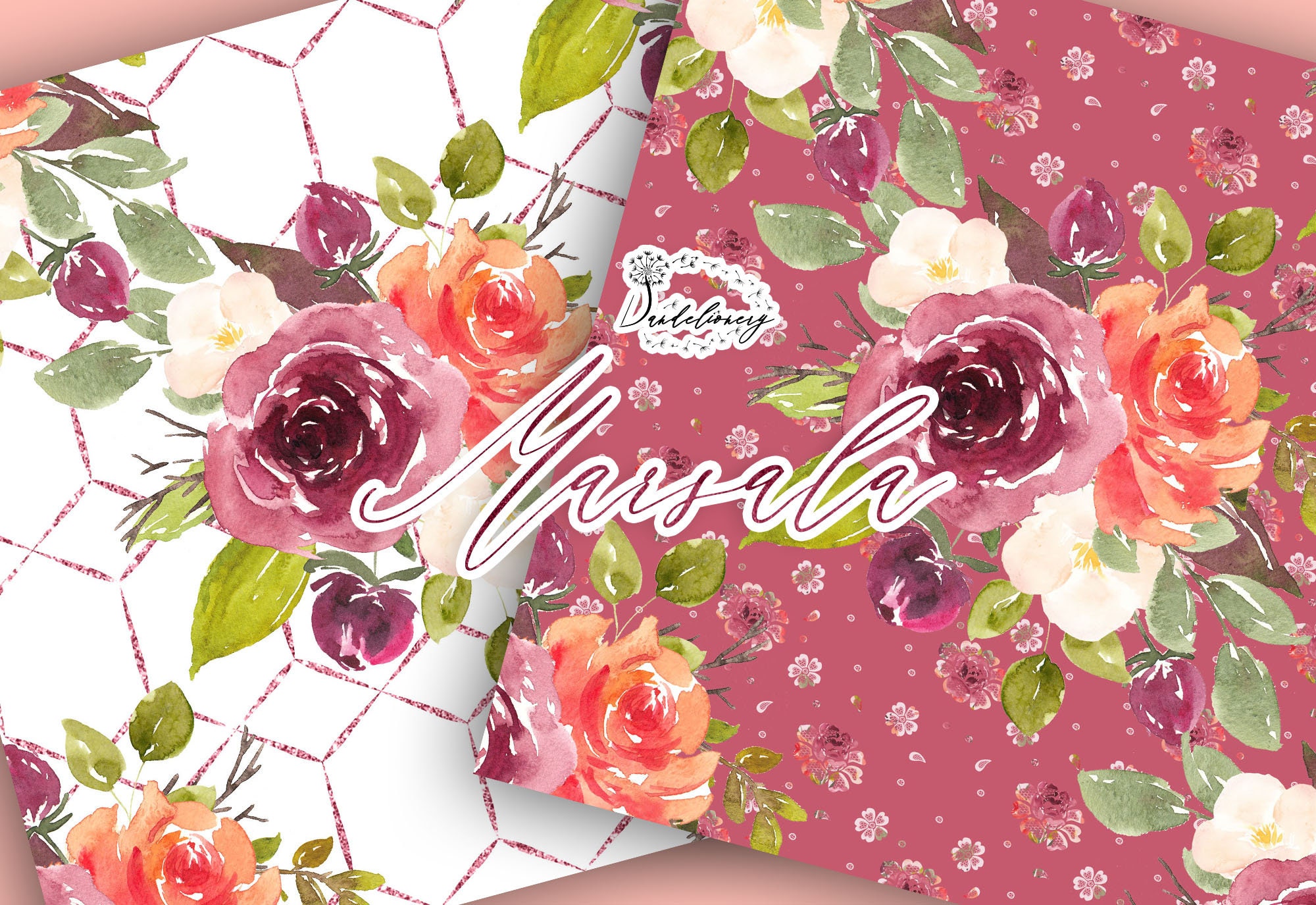 Watercolor Marsala Digital Paper Pack Garden Flower Pattern - Etsy