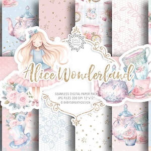 Patrón de Alicia en el País de las Maravillas, paquete de papel digital de Alicia, Aventuras de Alicia en acuarela, Fiesta del té del Sombrerero Loco Cómeme, bébeme, llave de conejo blanco
