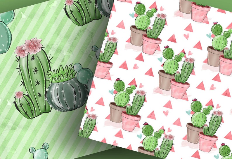 Pack de papier numérique Sweet Cactus, Motif de cactus dessiné à la main, Téléchargement de plantes, Bordure succulente mignonne, plante, fond de fleur image 5