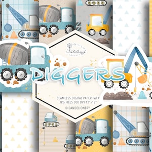 Confezione di carta digitale Watercolor Construction Diggers, modello ragazzo, modello vivaio, piccolo uso commerciale