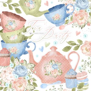 Aquarell Tea Time Party Design, Tee Clipart, Macaron Clipart, Teetasse Clipart, Pastell, Blume, floral, Bouquet