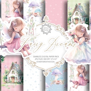 Watercolor Fairy Tale digital paper pack, Fairy pattern, swing, flower, fairy tale digital paper, baby girl, cute girl pattern