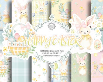 Watercolor Happy Easter digital paper pack, spring pattern, romantic pattern, easter eggs, easter bunny, pink flower, flower basket