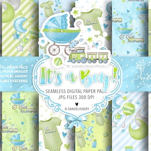Watercolor It's a Boy! digital paper pack, Nursery , Instant Download, Baby blue, Hearts, Stars, Baby shower, Boy, Newborn, Baby Supplies