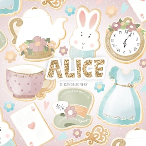 Watercolor Alice in Wonderland design, kids clipart, kids birthday, printable digital clipart set, Alice Adventures