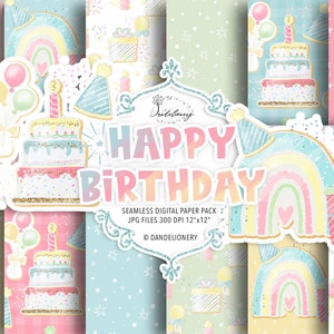 Watercolor Birthday digital paper pack, Party, kids birthday, printable digital papers, balloon pattern, birthday cake