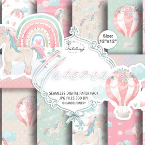 Unicorn Hot Air Balloon Rainbow Girl pacchetto di carta digitale, arcobaleni, modello bambino, colore naturale, pastello, sole, pioggia, nuvola, pioggia, asilo nido