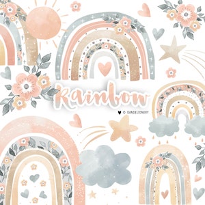 Acuarela Rainbow II., clipart arco iris, descarga instantánea, clipart para bebés, color natural, pastel, sol, lluvia, nube, lluvia, clipart de guardería