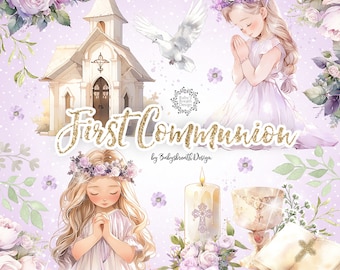 Watercolor First Communion Clipart, Watercolor Clipart First Communion for Girls, religion, floral, Bible, Rosary, Cross, Dove