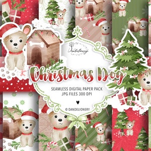 Cute Christmas Dog digital paper pack, christmas tree, christmas lantern, christmas pattern, branch, dog, holiday, xmas, winter, dog house