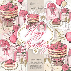 Birthday Girl Clipart, Party Clipart, Happy Birthday, Hand Painted Birthday clip arts, Gift, Balloons, Birthday Cake, Pink Floral