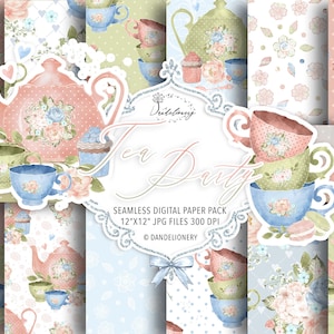 Aquarelle Tea Time Party pack papier numérique, motif de thé, fond de macaron, motif de tasse de thé, pastel, fleur, floral, bouquet