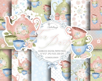 Watercolor Tea Time Party digital paper pack, Tea pattern, macaron background, tea cup pattern, pastel, flower, floral, bouquet