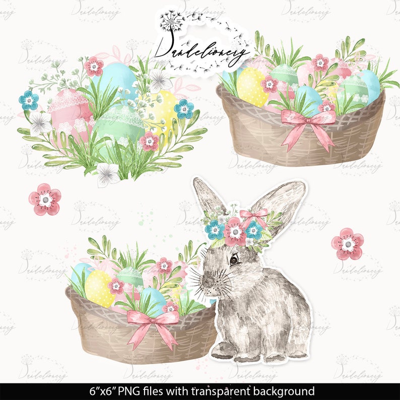 Happy Easter design, Garden, Flower Clip Art, Hand Drawn Flowers, bow, spring, floral, leaves, pink, baby's breath, easter egg image 4