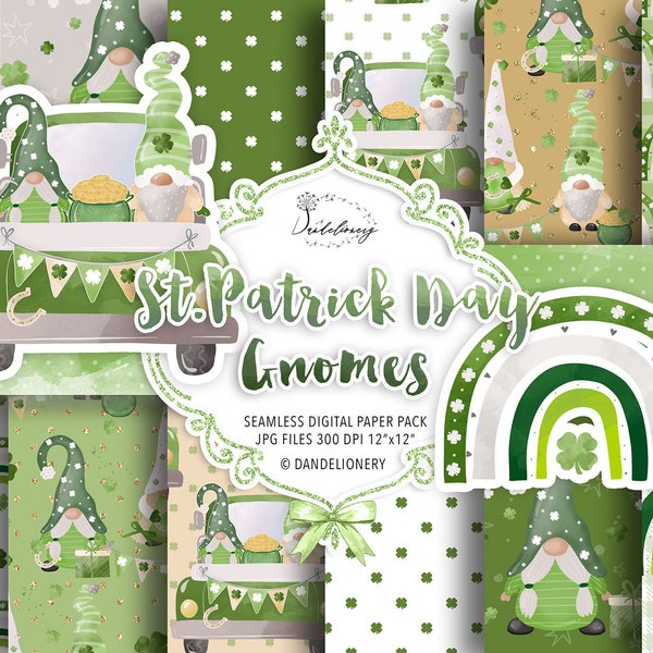 St. Patrick Day Gnomes digital paper, rainbows, st. Patrick pattern, romantic, Lucky, clover, st.Patrick day car