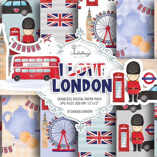 Aquarelle J’adore le pack papier numérique de Londres, motif de Londres, taxi noir de Londres, cabine téléphonique rouge, papier London Eye, drapeau de l’Angleterre