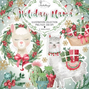 Design de lhama de férias, buquê de natal, presente, clipart de natal, ramo, lhama, feriado, natal, inverno, guirlanda