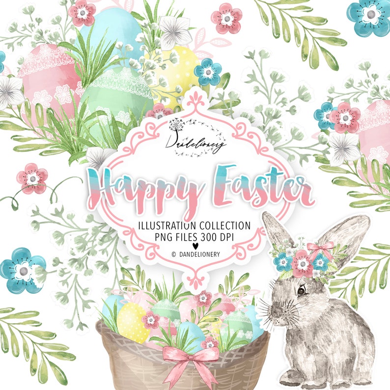 Happy Easter design, Garden, Flower Clip Art, Hand Drawn Flowers, bow, spring, floral, leaves, pink, baby's breath, easter egg image 5