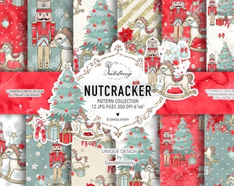 Christmas Nutcracker digital paper pack, christmas tree, poinsettia, christmas pattern, green tree, forest, holiday, star, winter, ballet