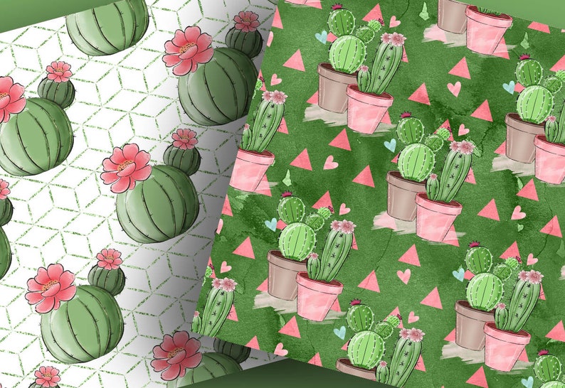 Pack de papier numérique Sweet Cactus, Motif de cactus dessiné à la main, Téléchargement de plantes, Bordure succulente mignonne, plante, fond de fleur image 4