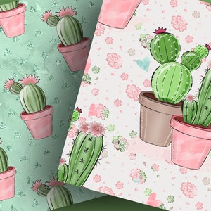 Pack de papier numérique Sweet Cactus, Motif de cactus dessiné à la main, Téléchargement de plantes, Bordure succulente mignonne, plante, fond de fleur image 2