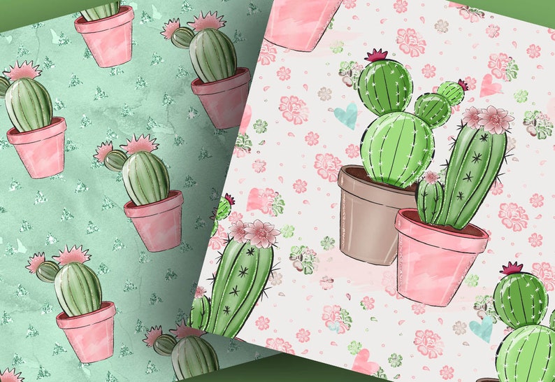 Pack de papier numérique Sweet Cactus, Motif de cactus dessiné à la main, Téléchargement de plantes, Bordure succulente mignonne, plante, fond de fleur image 2