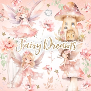 Watercolor Fairy Tale digital design, Fairy clipart, romantic clipart, swing, flower, fairy tale clipart, baby girl, cute girl clipart