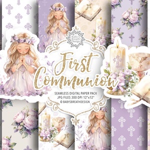 Aquarell Gold Erstkommunion digitales Papier, Aquarell Muster Erstkommunion für Mädchen, Religion, Blumen, Bibel, Rosenkranz, Kreuz, Taube