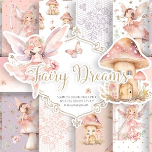 Watercolor Fairy Tale digital paper pack, Fairy pattern, swing, flower, fairy tale digital paper, baby girl, cute girl pattern