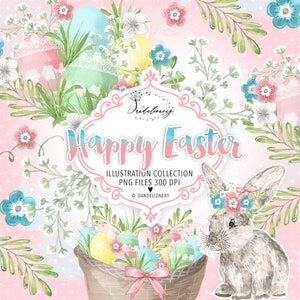 Happy Easter design, Garden, Flower Clip Art, Hand Drawn Flowers, bow, spring, floral, leaves, pink, baby's breath, easter egg