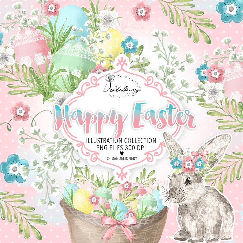 Happy Easter design, Garden, Flower Clip Art, Hand Drawn Flowers, bow, spring, floral, leaves, pink, baby's breath, easter egg image 1