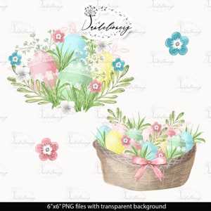 Happy Easter design, Garden, Flower Clip Art, Hand Drawn Flowers, bow, spring, floral, leaves, pink, baby's breath, easter egg image 2
