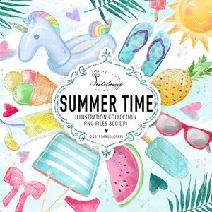 Summer Time Cliparts, Rainbow Unicorns, beach, sunglasses, Hearts, sun, Ice Cream, ananas, watermelon, swimwear, cocktail, sunny