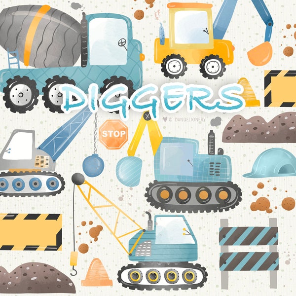 Watercolor Construction Diggers Clipart, boy clipart,  nursery, Small Commercial Use