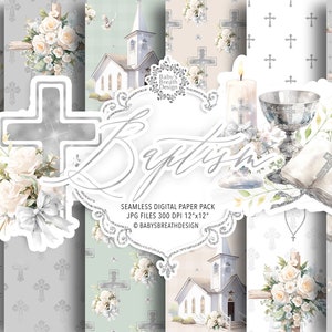 Papel digital Acuarela Oro Primera Comunión, Patrón acuarela Primera Comunión para Niñas, religión, floral, Biblia, Rosario, Cruz, Paloma